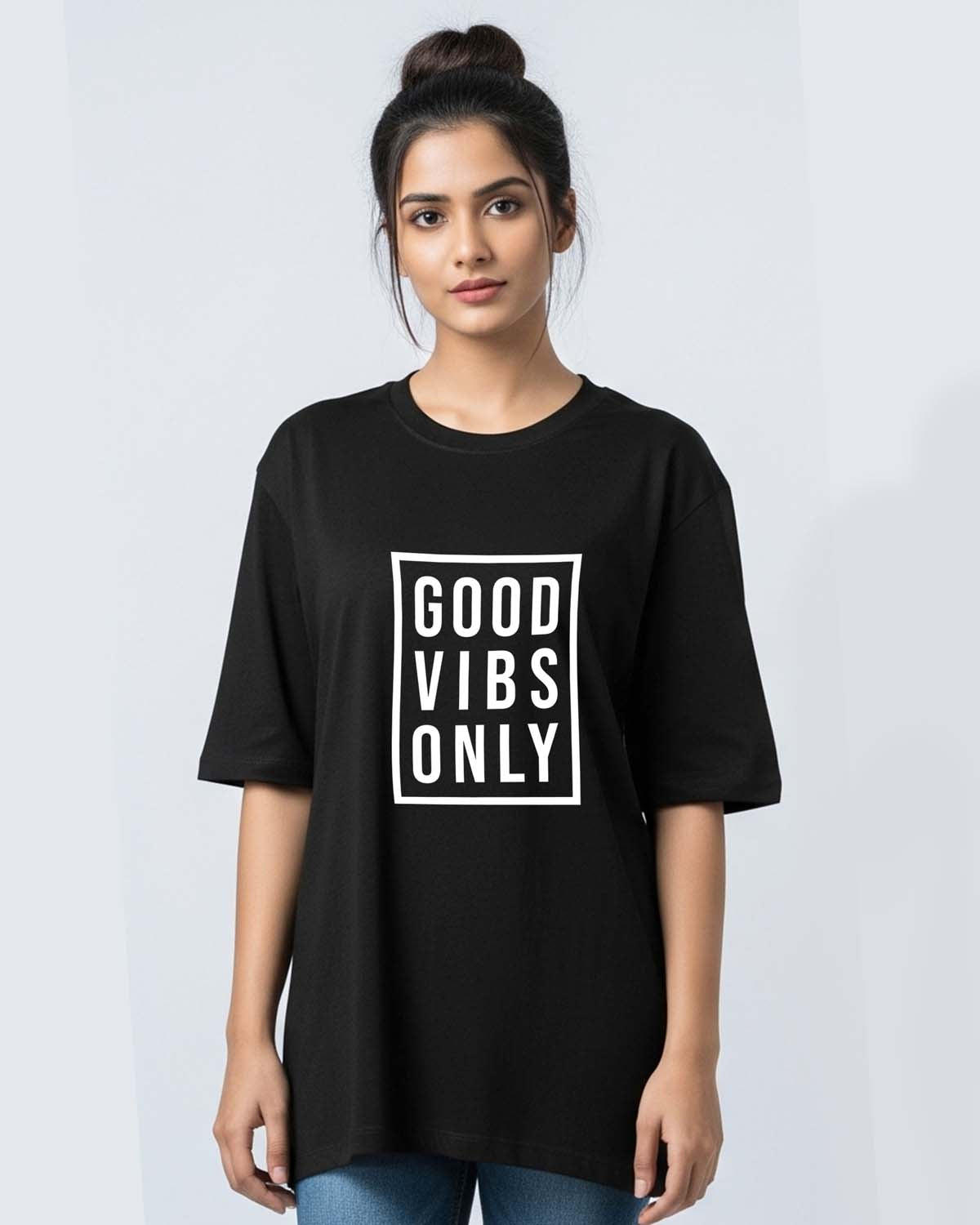 Good Vibes- Unisex Terry Oversized Black Tee (Graphic printed)