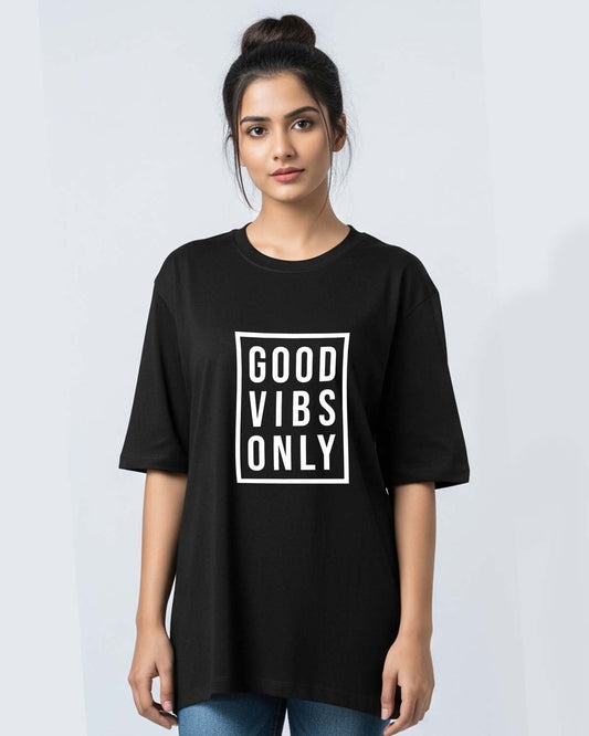 Good Vibes- Unisex Terry Oversized Black Tee (Graphic printed)
