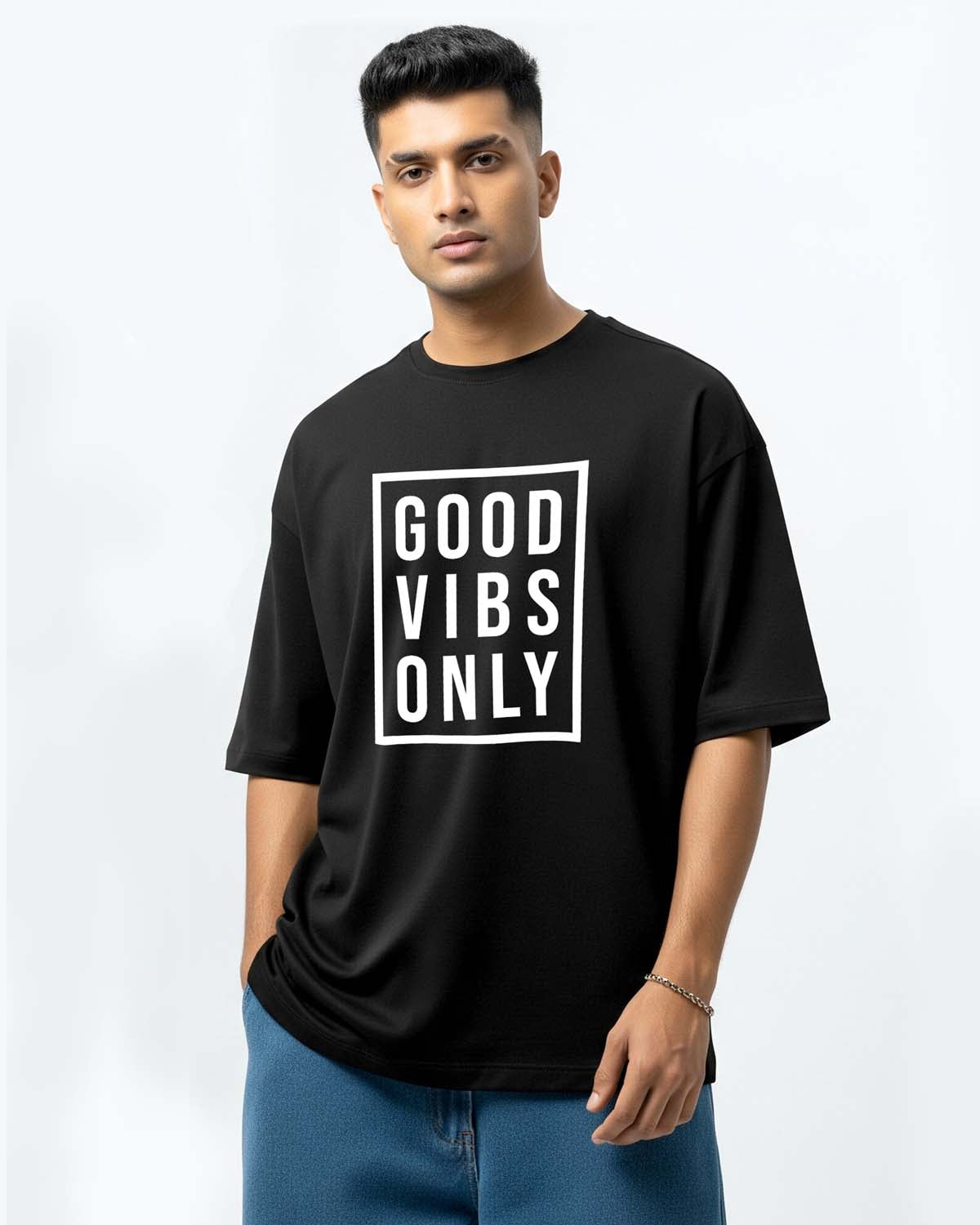 Good Vibes- Unisex Terry Oversized Black Tee (Graphic printed)