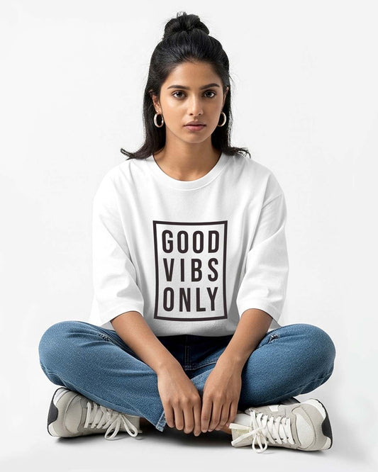 Good Vibes- Unisex Terry Oversized White Tee (Graphic Printed Tshirt)