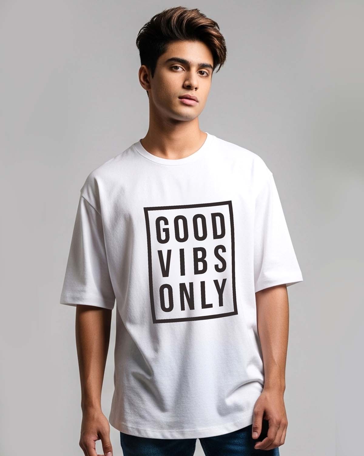 Good Vibes- Unisex Terry Oversized White Tee (Graphic Printed Tshirt)