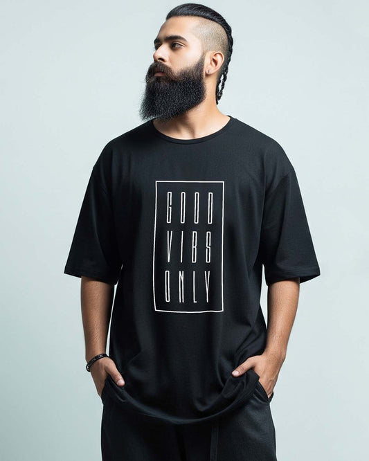Good Vibes- Unisex Terry Oversized Black Tee (Graphic printed)
